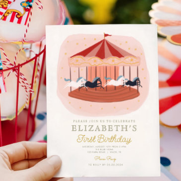 pink carousel carnival circus first birthday invitation
