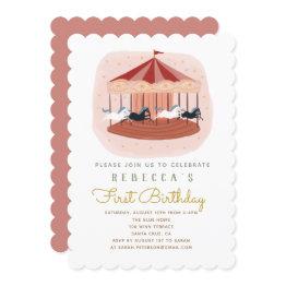 Small Pink Carousel First Birthday Invitation Front View