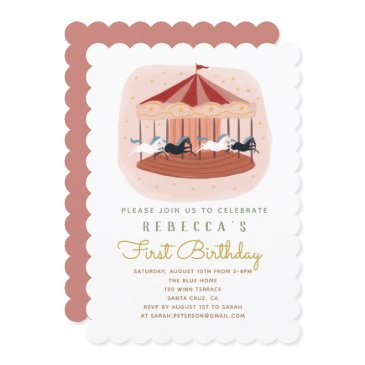 pink carousel first birthday invitation
