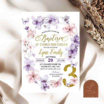 pink cherry blossom butterfly baptism 3rd birthday invitation