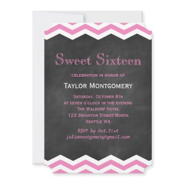 pink chevrons on chalkboard sweet sixteen invite
