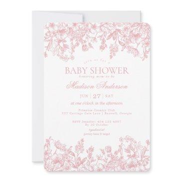 pink chinoiserie vintage floral baby shower invitation