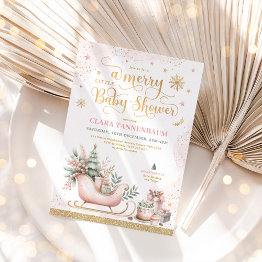 Small Pink Christmas Sleigh | A Merry Little Baby Shower Invitation Front View
