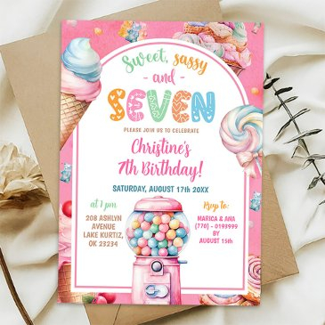 pink colorful pastel candies kid's 7th birthday invitation