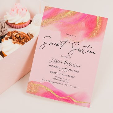 pink coral watercolor gold glitter photo sweet 16 invitation