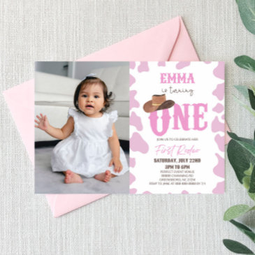pink cowgirl one first rodeo 1st birthday party invitation