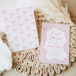 Small Pink Dainty Bow Wavy Frame Girl Baby Shower Invitation Front View