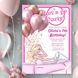 Small Pink Doll Car Birthday Party Invitation Front View