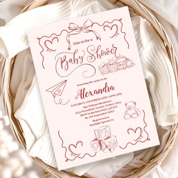 pink doodle toys bow baby shower invitation