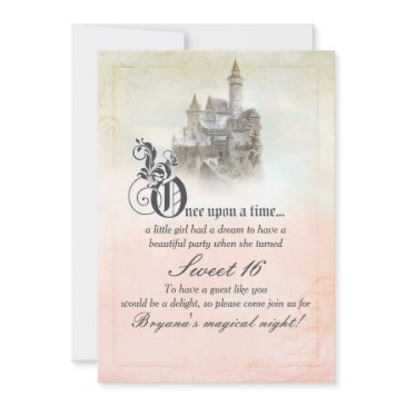 pink dreamy fairy tale storybook castle sweet 16 invitation
