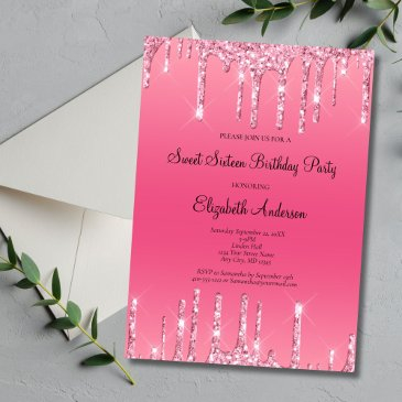 pink dripping glitter glam sweet 16 birthday invitation