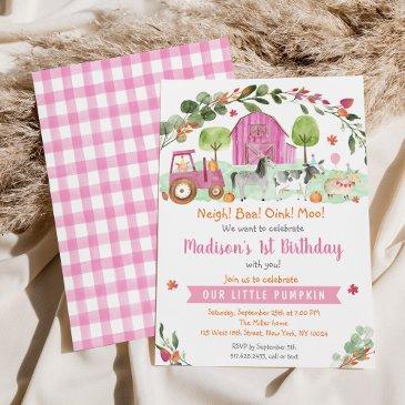 pink fall farm pumpkin birthday invitation