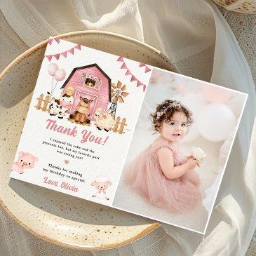 pink farm animals birthday photo thank you invitations