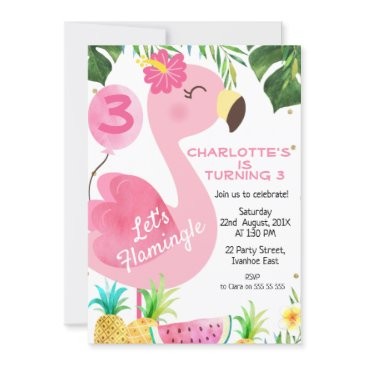 pink flamingo foliage fruit flamingle birthday invitation
