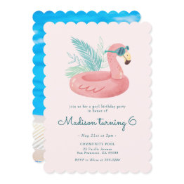 Small Pink Flamingo Pool Birthday Party Invitation Front View