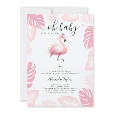 pink flamingo tiara tropical leaf girl baby shower invitation