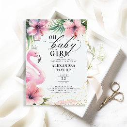 Small Pink Flamingo Tropical Pink Gold Girl Baby Shower Invitation Front View