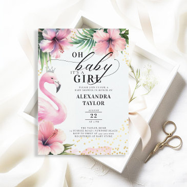 pink flamingo tropical pink gold girl baby shower invitation