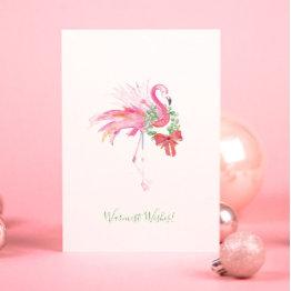 Small Pink Flamingo With Wreath Beach Christmas Invitations Front View