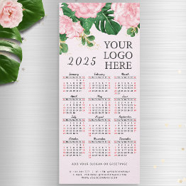 Small Pink Floral 2025 Calendar Magnet Add Business Logo Front View