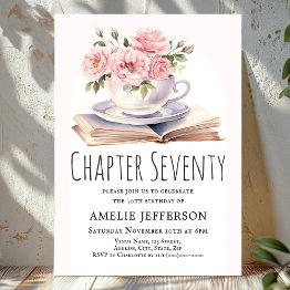 Small Pink Floral 70th Book Theme Birthday Invitation Front View