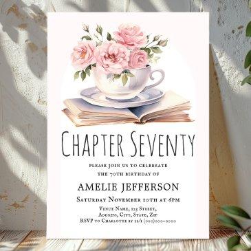 pink floral 70th book theme birthday invitation