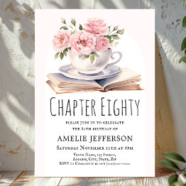 Small Pink Floral 80th Book Theme Birthday Invitation Front View