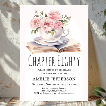 pink floral 80th book theme birthday invitation