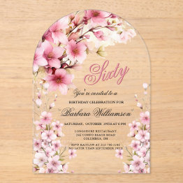 Small Pink Floral Arch Elegance 60th Birthday Party Acrylic Invitations Front View