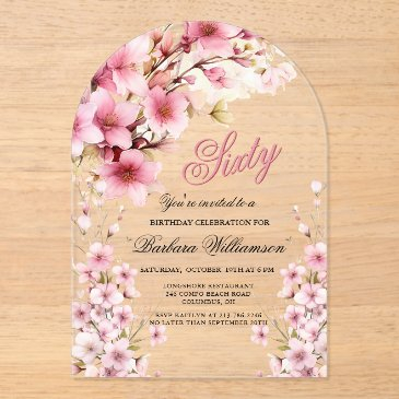 pink floral arch elegance 60th birthday party acrylic invitations