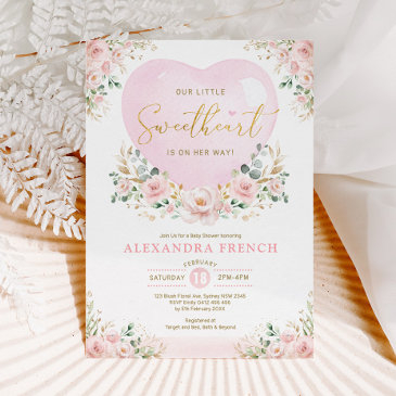 pink floral balloon sweetheart baby girl shower invitation