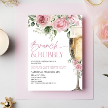 pink floral brunch and bubbly birthday brunch invitation