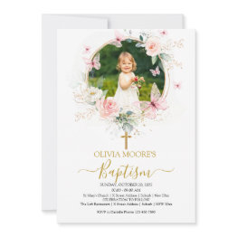Small Pink Floral Butterfly Baptism Invitation Front View