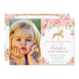 Small Pink Floral Carousel 1st Birthday Girl With Photo Invitation Front View