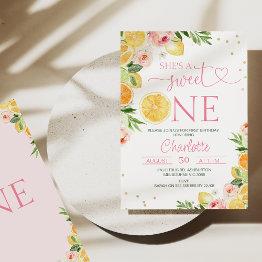 Small Pink Floral Citrus She's A Sweet One 1st Birthday Invitation Front View