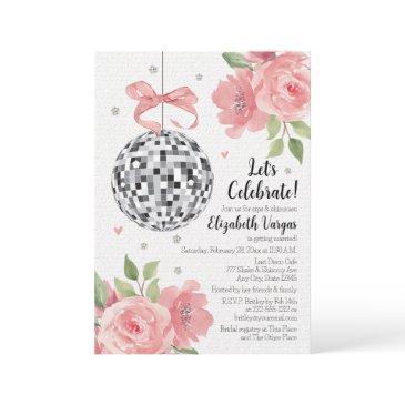 pink floral disco themed bridal shower invitation