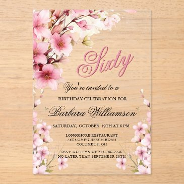 pink floral elegance 60th birthday party acrylic invitations