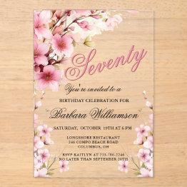Small Pink Floral Elegance 70th Birthday Party Acrylic Invitations Front View