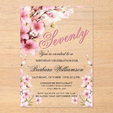 pink floral elegance 70th birthday party acrylic invitations