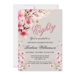 Small Pink Floral Elegance 80th Birthday Party Invitation Front View