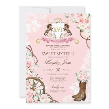 pink floral & elegant crest cowgirl ranch sweet 16 invitation