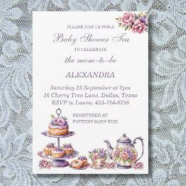 Small Pink Floral Lilac Whimsical Tea Baby Shower Invitation Front View