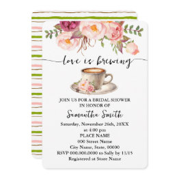Small Pink Floral Love Is Brewing Bridal Shower Coffee Invitation Front View