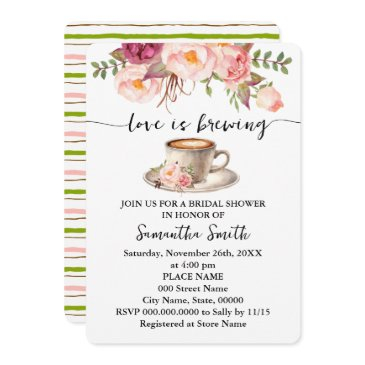 pink floral love is brewing bridal shower coffee invitation