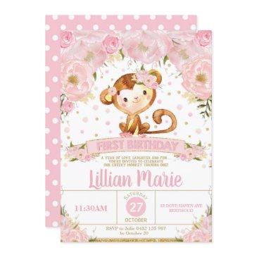pink floral monkey 1st birthday invitation girl