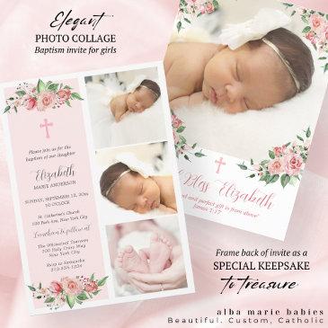 pink floral multiphoto baptism for girls invitation