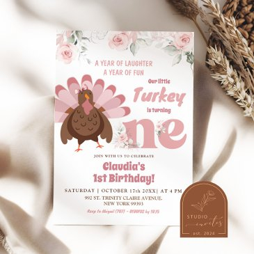 pink floral turkey first birthday girl invitation