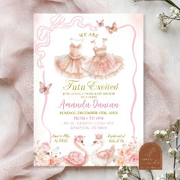 Small Pink Floral Twins Ballerina Tutu Baby Girl Invitation Front View
