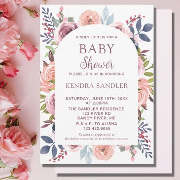 pink floral watercolor girl baby shower invitation