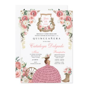 pink floral western mariachi charro quinceañera invitation